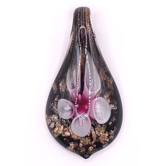 Unbranded Jewelry - Handcrafted Lampwork Glass Floral Pendant Pink Glitter Teardrop Jewelry Art